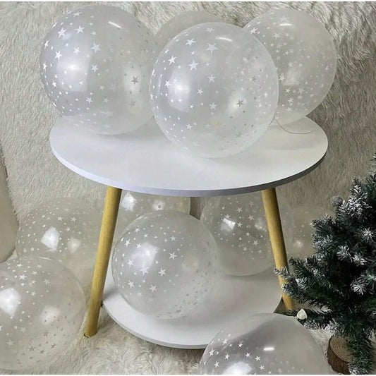 Set 10 Baloane din Latex Transparente, Model Party, 30 cm, Stelute Albe, 2.8 g