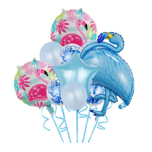 Set Baloane party aniversare, din Folie de aluminiu si Latex, set din 10 baloane Flamigo Party, 1 stea, 5 baloane latex, 2 rotunde, 60 -90 cm, Albastru