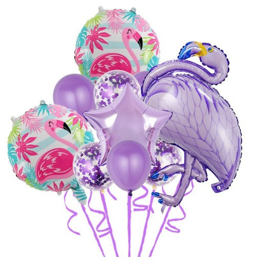Set Baloane party aniversare, din Folie de aluminiu si Latex, set din 10 baloane Flamigo Party, 1 stea, 5 baloane latex, 2 rotunde, 60 -90 cm, Mov