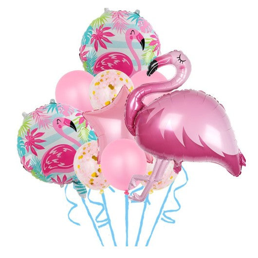 Set Baloane party aniversare, din Folie de aluminiu si Latex, set din 10 baloane Flamigo Party, 1 stea, 5 baloane latex, 2 rotunde, 60 -90 cm, Rose