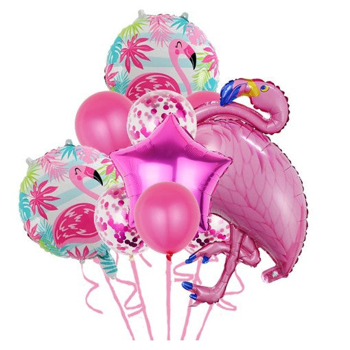Set Baloane party aniversare, din Folie de aluminiu si Latex, set din 10 baloane Flamigo Party, 1 stea, 5 baloane latex, 2 rotunde, 60 -90 cm, Roz