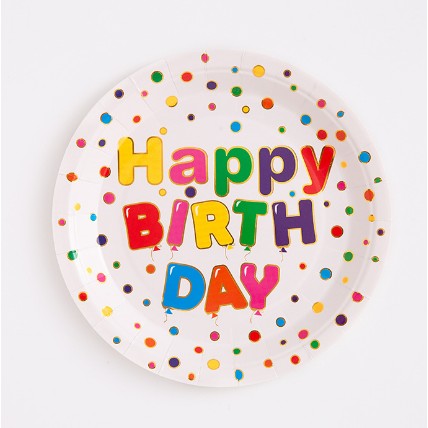 Set 10 Farfurii Unica Folosinta, Imprimeu Happy Birthday, din Carton, Diametru 18 cm, Multicolor