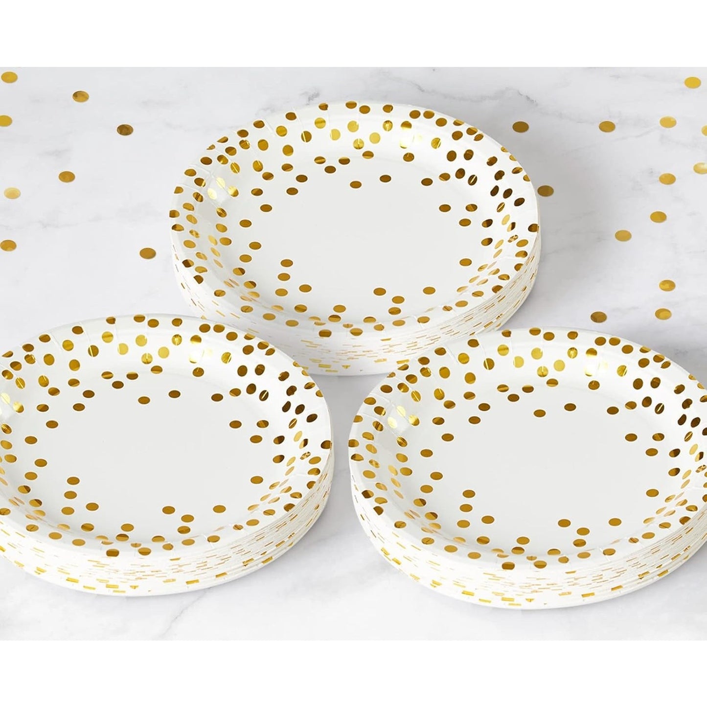 Set 10 Farfurii Unica Folosinta, Imprimeu cu Buline, din Carton, Diametru 18 cm, Alb/Auriu