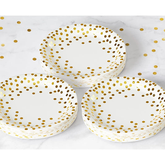 Set 10 Farfurii Unica Folosinta, Imprimeu cu Buline, din Carton, Diametru 18 cm, Alb/Auriu