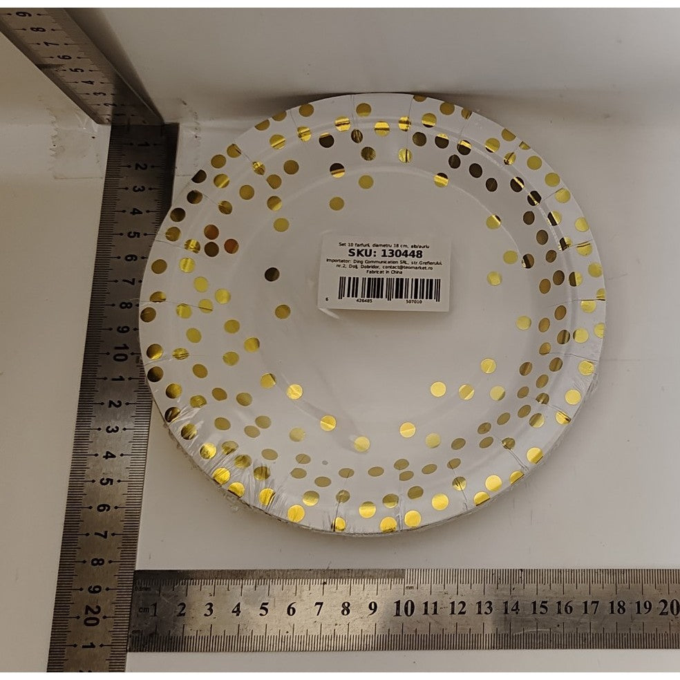Set 10 Farfurii Unica Folosinta, Imprimeu cu Buline, din Carton, Diametru 18 cm, Alb/Auriu