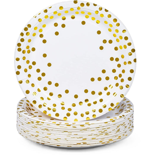 Set 10 Farfurii Unica Folosinta, Imprimeu cu Buline, din Carton, Diametru 18 cm, Alb/Auriu