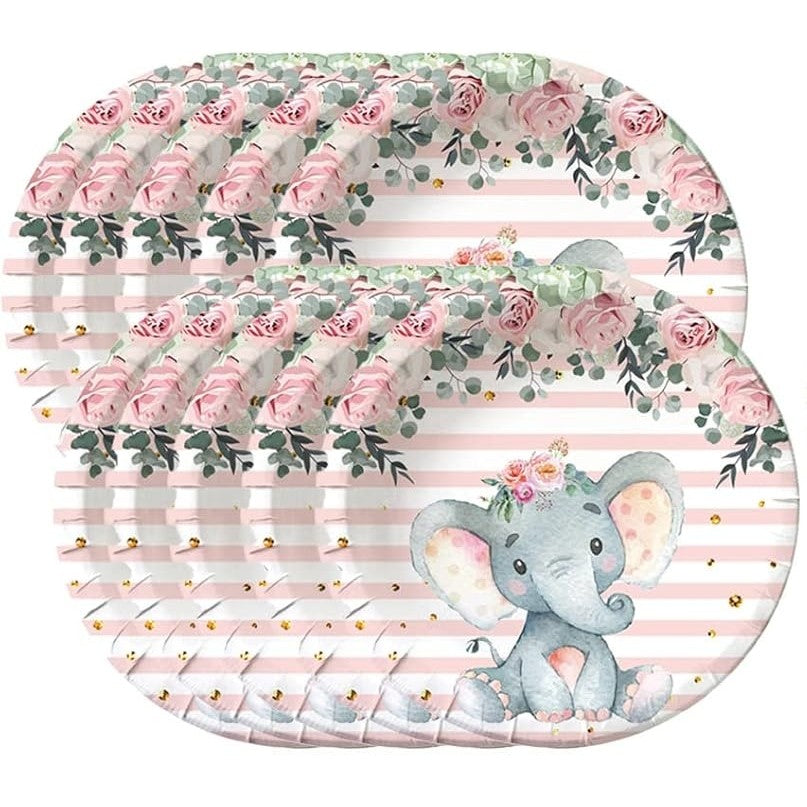 Set 10 Farfurii Unica Folosinta, Imprimeu Elefant, din Carton, 17 cm, Roz