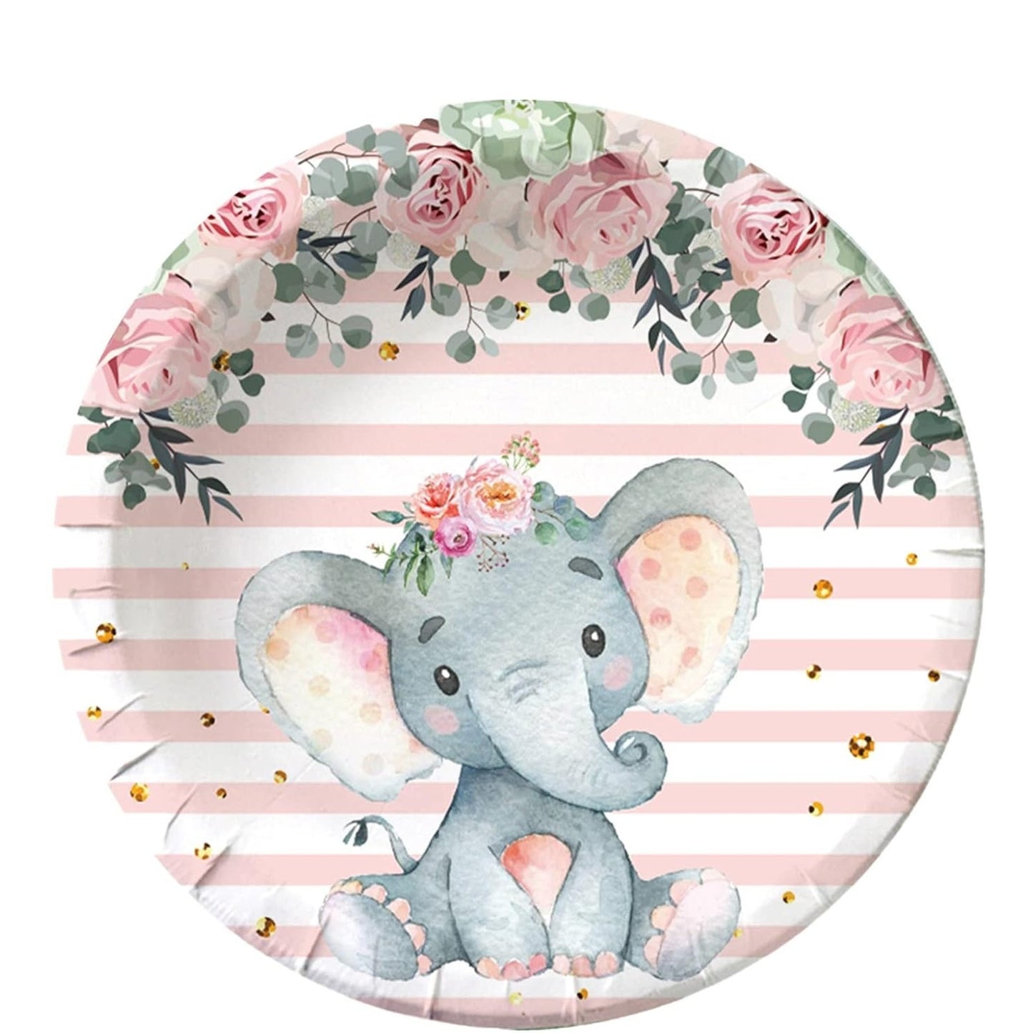 Set 10 Farfurii Unica Folosinta, Imprimeu Elefant, din Carton, 17 cm, Roz