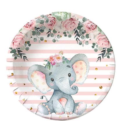 Set 10 Farfurii Unica Folosinta, Imprimeu Elefant, din Carton, 17 cm, Roz