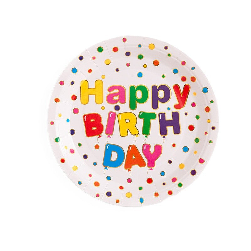 Set 10 Farfurii Unica Folosinta, Imprimeu Happy Birthday, din Carton, Diametru 18 cm, Multicolor