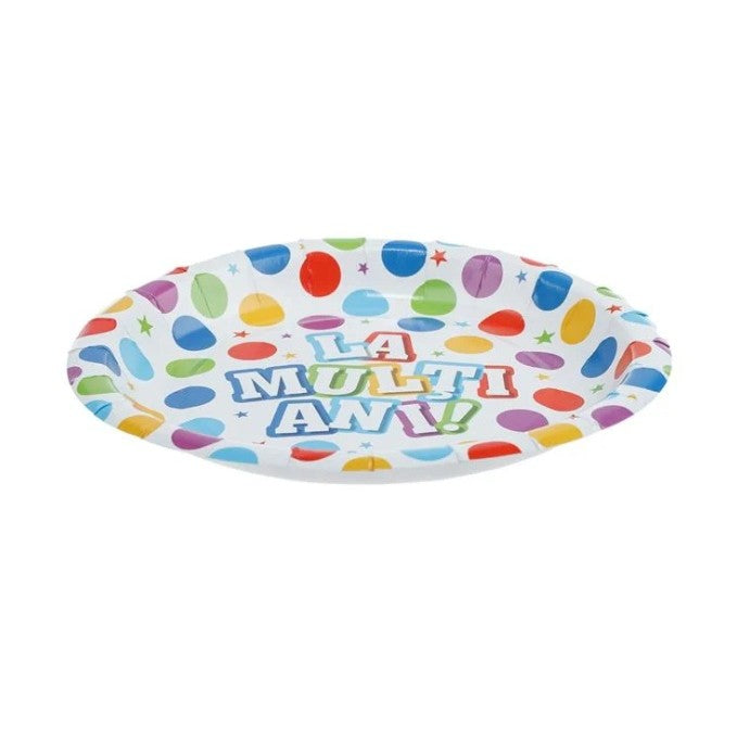 Set 10 Farfurii Unica Folosinta, Imprimeu La Multi Ani, din Carton, Diametru 17 cm, Multicolor