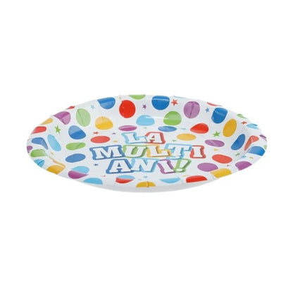 Set 10 Farfurii Unica Folosinta, Imprimeu La Multi Ani, din Carton, Diametru 17 cm, Multicolor