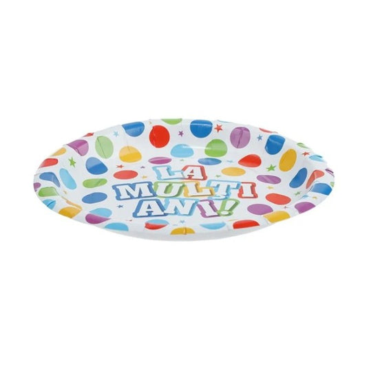 Set 10 Farfurii Unica Folosinta, Imprimeu La Multi Ani, din Carton, Diametru 17 cm, Multicolor