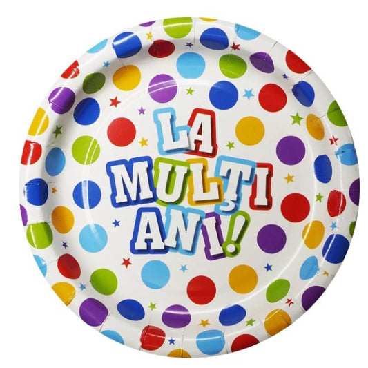 Set 10 Farfurii Unica Folosinta, Imprimeu La Multi Ani, din Carton, Diametru 17 cm, Multicolor