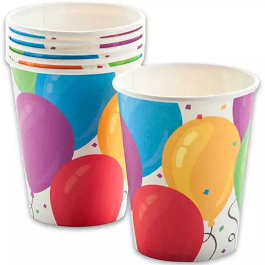 Set 10 Pahare, Imprimeu cu Baloane, din Carton, 250 ml, 7.5 x 8.5 x 5.2 cm, Multicolor