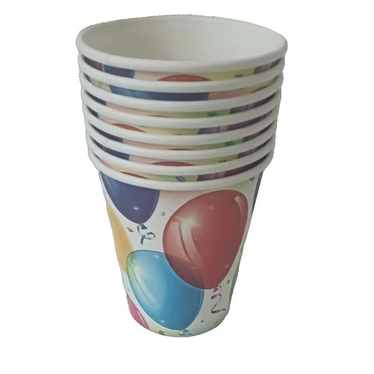 Set 10 Pahare, Imprimeu cu Baloane, din Carton, 250 ml, 7.5 x 8.5 x 5.2 cm, Multicolor