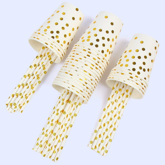 Set 10 Pahare, Imprimeu cu Buline, din Carton, 250 ml, 7.5 x 8.5 x 5.2 cm, Auriu