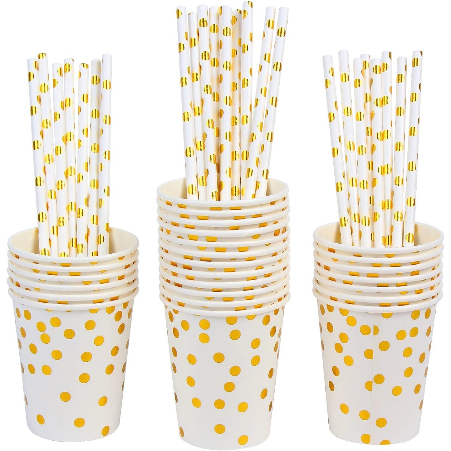 Set 10 Pahare, Imprimeu cu Buline, din Carton, 250 ml, 7.5 x 8.5 x 5.2 cm, Auriu