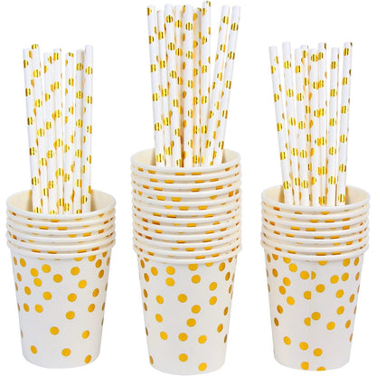 Set 10 Pahare, Imprimeu cu Buline, din Carton, 250 ml, 7.5 x 8.5 x 5.2 cm, Auriu