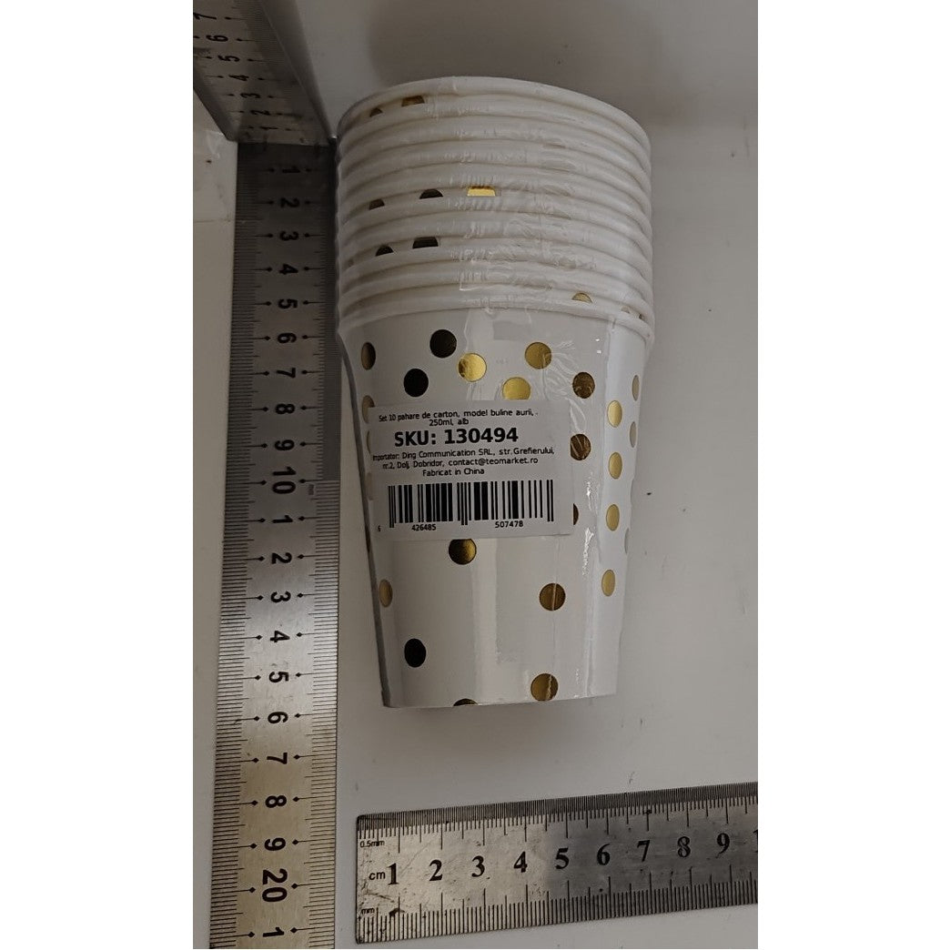Set 10 Pahare, Imprimeu cu Buline, din Carton, 250 ml, 7.5 x 8.5 x 5.2 cm, Auriu