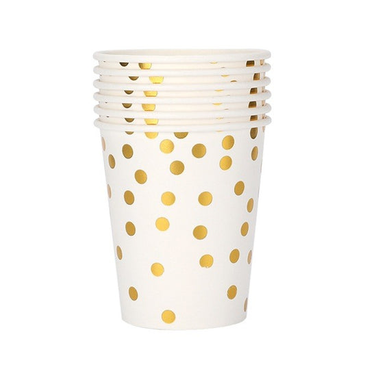 Set 10 Pahare, Imprimeu cu Buline, din Carton, 250 ml, 7.5 x 8.5 x 5.2 cm, Auriu