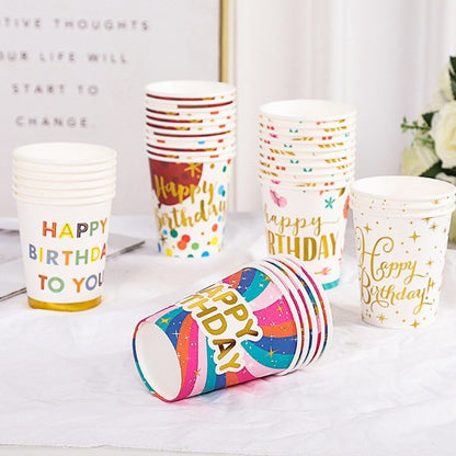Set 10 Pahare, Imprimeu Happy Birthday Baloane, din Carton, 250 ml, 7.5 x 8.5 x 5.2 cm, Multicolor
