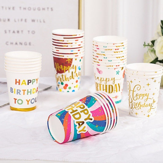 Set 10 Pahare, Imprimeu Happy Birthday Baloane, din Carton, 250 ml, 7.5 x 8.5 x 5.2 cm, Multicolor