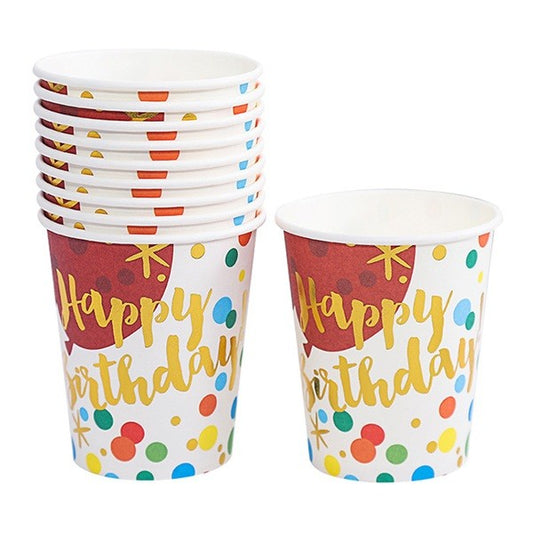 Set 10 Pahare, Imprimeu Happy Birthday Baloane, din Carton, 250 ml, 7.5 x 8.5 x 5.2 cm, Multicolor