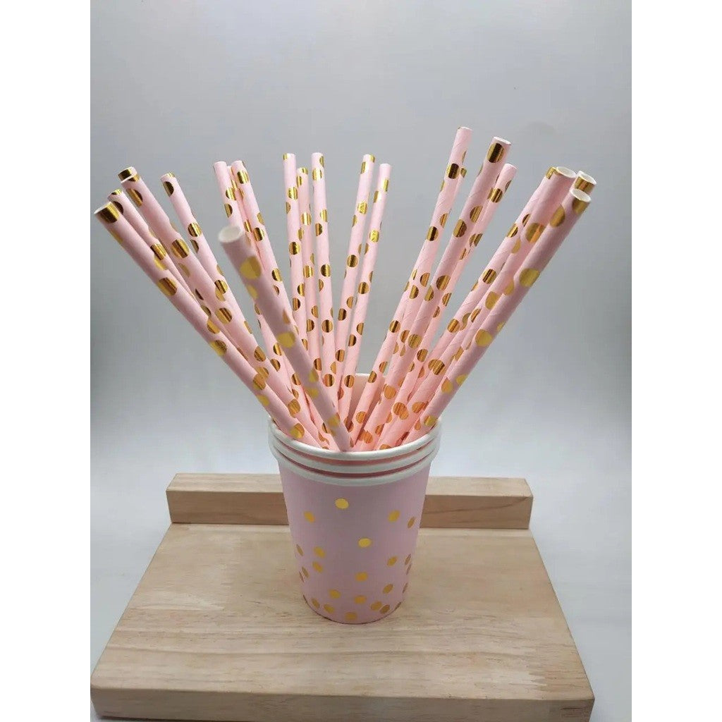 Set 10 Paie, din Hartie, 19.5 cm, Model cu Buline Aurii, Roz
