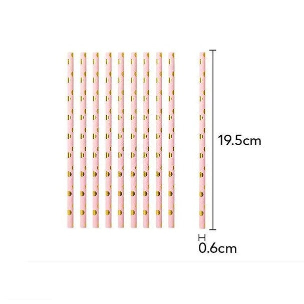 Set 10 Paie, din Hartie, 19.5 cm, Model cu Buline Aurii, Roz
