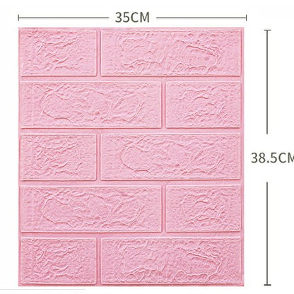 Set 10 Placi Tapet 3D, 35 x 38 cm, Grosime 3 mm, din Polietilena, Model Caramida, Suprafata acoperita 1.33 mp, Roz