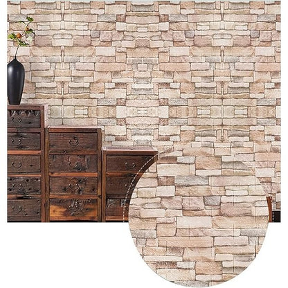 Set 10 Placi Tapet 3D, 35 x 38 cm, Grosime 3 mm, din Polietilena, Model Caramida, Suprafata acoperita 1.33 mp, Piatra Galbena