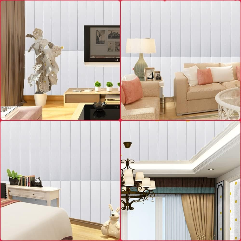 Set 10 Placi Tapet 3D, 70 x 70 cm, Grosime 3 mm, din Rasina, Tip Placi de Lemn, Suprafata Acoperita 4.9 mp, Alb