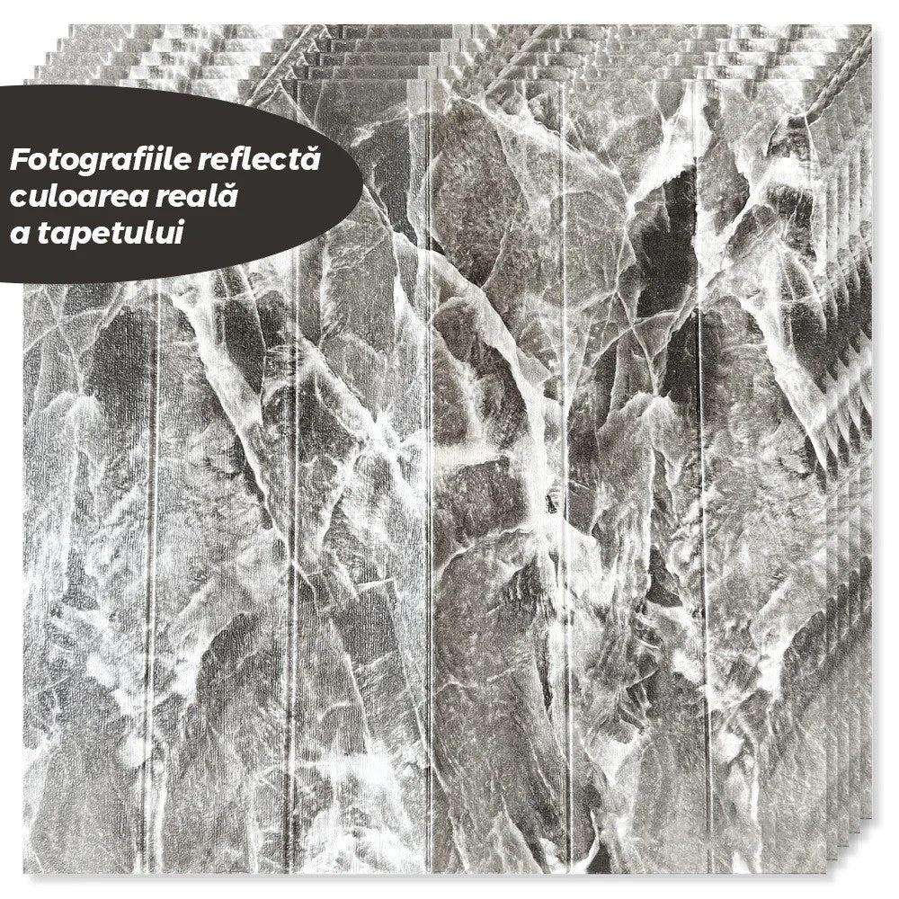 Set 10 Placi Tapet 3D, 70 x 70 cm, Grosime 3 mm, din Rasina, Tip Placi de Lemn, Suprafata Acoperita 4.9 mp, Gri Marmorat