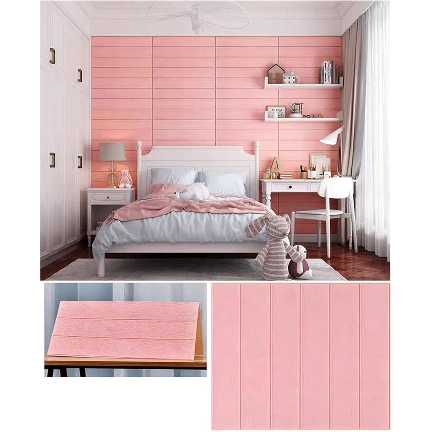 Set 10 Placi Tapet 3D, 70 x 70 cm, Grosime 3 mm, din Rasina, Tip Placi de Lemn, Suprafata Acoperita 4.9 mp, Roz Pudrat