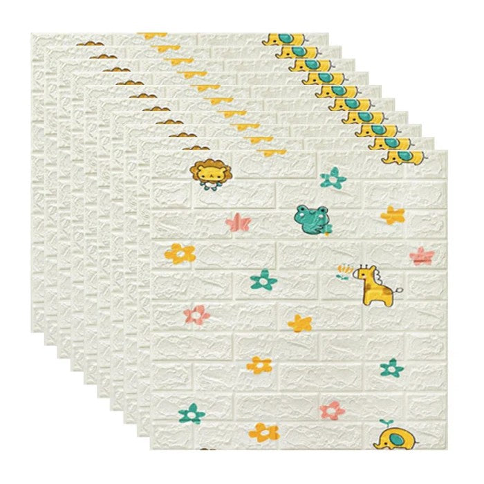Set 10 Placi Tapet 3D, 70 x 77 cm, Grosime 3 mm, din Polietilena, Tip Caramida, Model Animalute si Floricele, Suprafata acoperita 5.3 mp, Alb