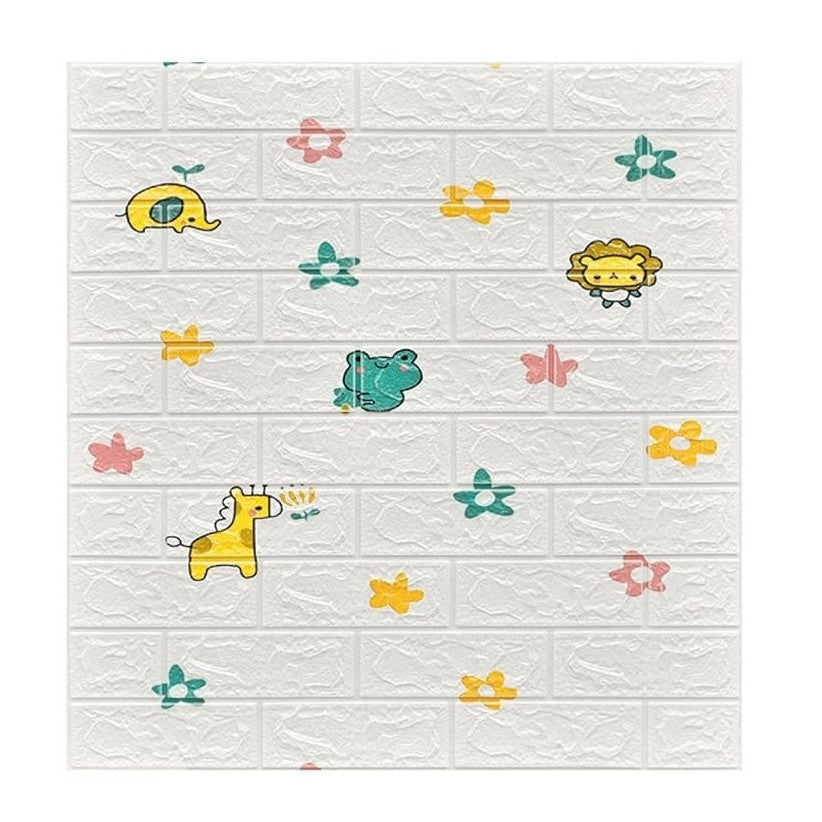 Set 10 Placi Tapet 3D, 70 x 77 cm, Grosime 3 mm, din Polietilena, Tip Caramida, Model Animalute si Floricele, Suprafata acoperita 5.3 mp, Alb