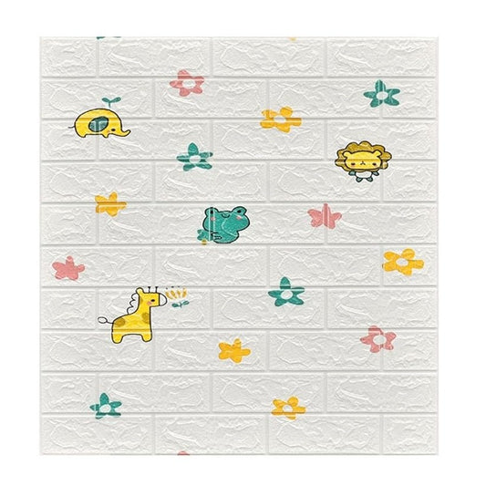 Set 10 Placi Tapet 3D, 70 x 77 cm, Grosime 3 mm, din Polietilena, Tip Caramida, Model Animalute si Floricele, Suprafata acoperita 5.3 mp, Alb