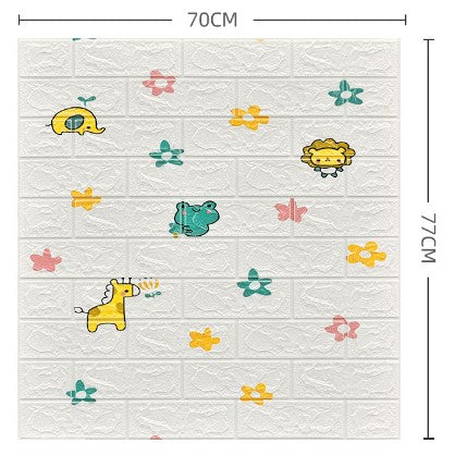 Set 10 Placi Tapet 3D, 70 x 77 cm, Grosime 3 mm, din Polietilena, Tip Caramida, Model Animalute si Floricele, Suprafata acoperita 5.3 mp, Alb