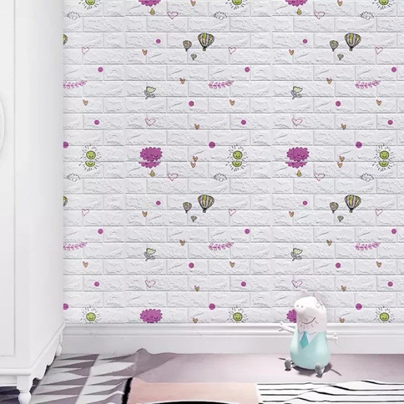 Set 10 Placi Tapet 3D, 70 x 77 cm, Grosime 3 mm, din Polietilena, Tip Caramida, Model cu Baloane, Suprafata acoperita 5.3 mp, Alb