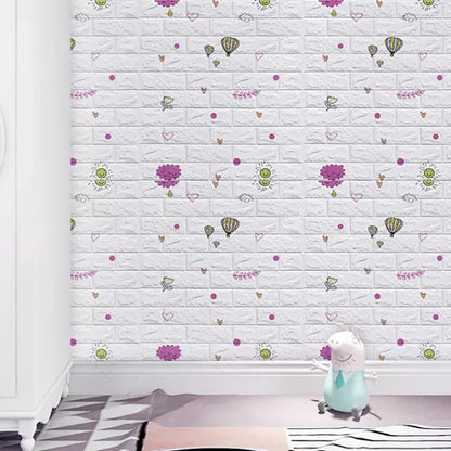 Set 10 Placi Tapet 3D, 70 x 77 cm, Grosime 3 mm, din Polietilena, Tip Caramida, Model cu Baloane, Suprafata acoperita 5.3 mp, Alb