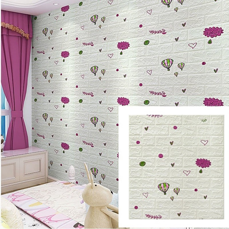 Set 10 Placi Tapet 3D, 70 x 77 cm, Grosime 3 mm, din Polietilena, Tip Caramida, Model cu Baloane, Suprafata acoperita 5.3 mp, Alb