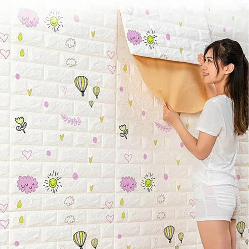 Set 10 Placi Tapet 3D, 70 x 77 cm, Grosime 3 mm, din Polietilena, Tip Caramida, Model cu Baloane, Suprafata acoperita 5.3 mp, Alb