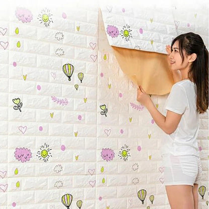 Set 10 Placi Tapet 3D, 70 x 77 cm, Grosime 3 mm, din Polietilena, Tip Caramida, Model cu Baloane, Suprafata acoperita 5.3 mp, Alb