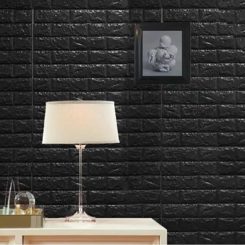 Set 10 Placi Tapet 3D, 70 x 77 cm, Grosime 3 mm, din Polietilena, Model Caramida, Suprafata acoperita 5.3 mp, Negru