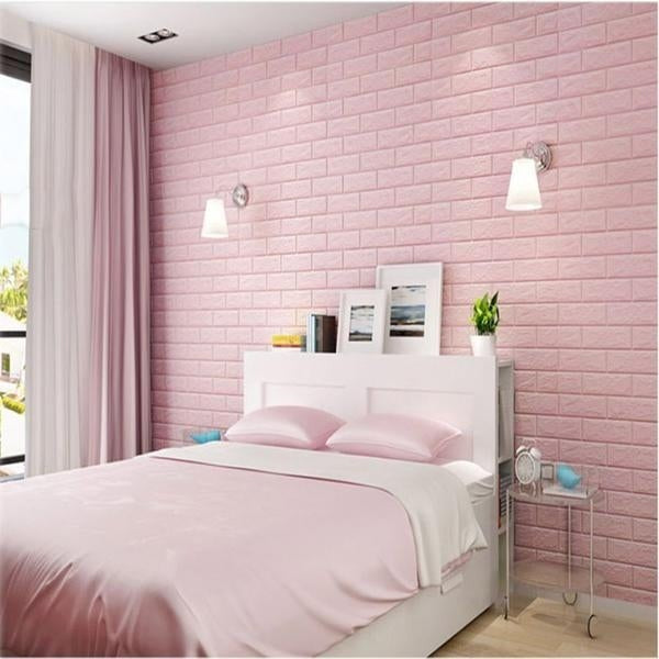 Set 10 Placi Tapet 3D, 70 x 77 cm, Grosime 3 mm, din Polietilena, Model Caramida, Suprafata acoperita 5.3 mp, Roz