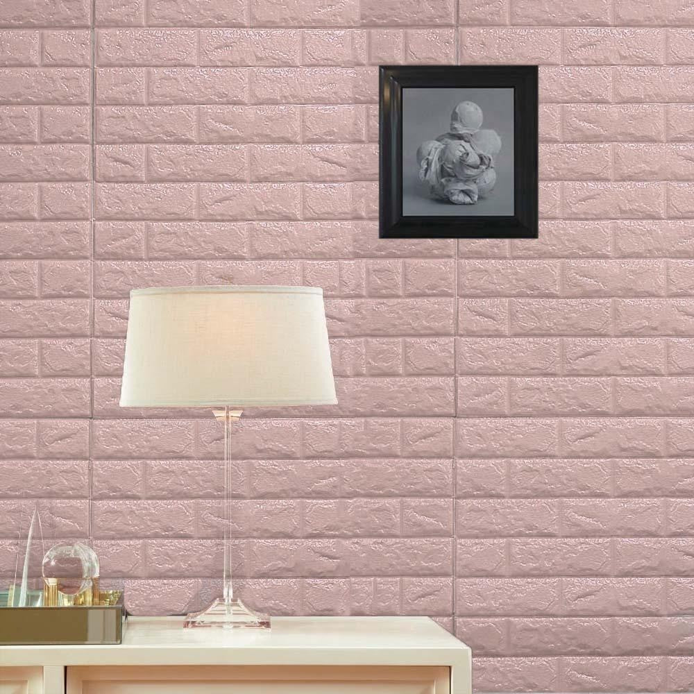 Set 10 Placi Tapet 3D, 70 x 77 cm, Grosime 3 mm, din Polietilena, Model Caramida, Suprafata acoperita 5.3 mp, Roz
