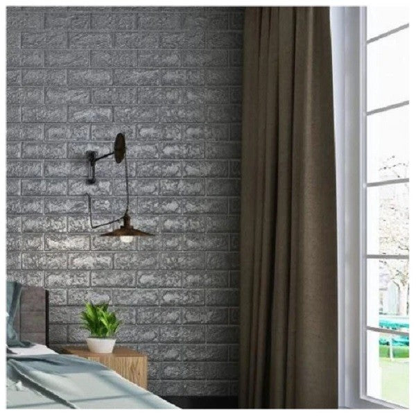Set 10 Placi Tapet 3D, 70 x 77 cm, Grosime 3 mm, din Polietilena, Model Caramida, Suprafata acoperita 5.3 mp, Argintiu