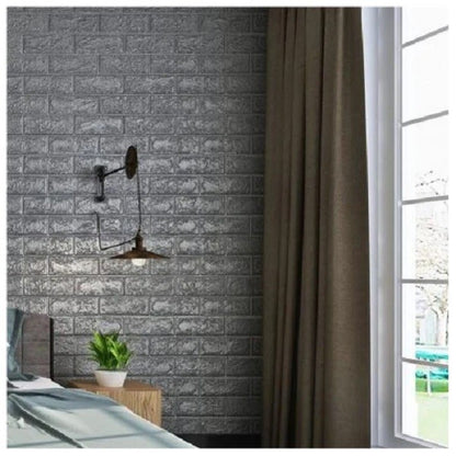 Set 10 Placi Tapet 3D, 70 x 77 cm, Grosime 3 mm, din Polietilena, Model Caramida, Suprafata acoperita 5.3 mp, Argintiu