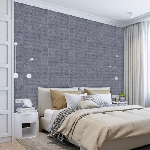 Set 10 Placi Tapet 3D, 70 x 77 cm, Grosime 3 mm, din Polietilena, Model Caramida, Suprafata acoperita 5.3 mp, Argintiu